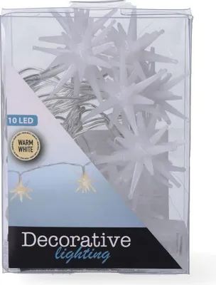 A product package containing LED string lights with star-shaped bulbs.