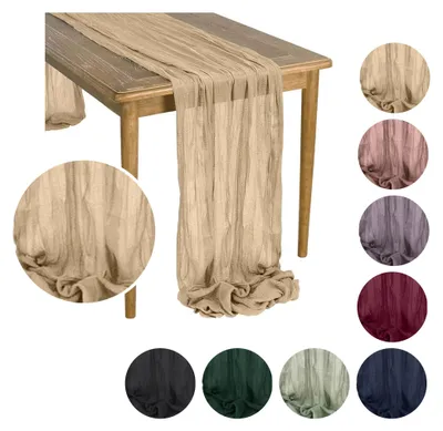 Imagen del producto de MEBLE ODNOWA: Mantel individual, mantel bohemio de gasa, decoración de mesa de gasa, color beige, 90 x 300 cm, elegante, tejido de gasa, tejido suave, decoración de mesa bohemia