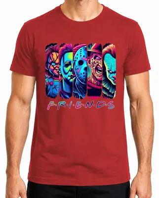 Zdjęcie produktu dla Horror Friends Neon Chucky Michael Myers Jason Freddy Pennywise Herren T-Shirt, Rot, S
