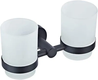 Immagine prodotto di Portaspazzolini doppio nero per montaggio a parete – Portabicchieri doppio in ottone (bicchieri non inclusi) – Accessori per il bagno – Finitura nera opaca