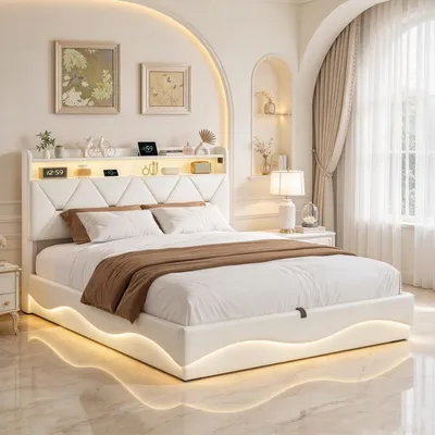 Zdjęcie produktu dla Łóżko tapicerowane INONEFT, 160x200 cm, z podświetleniem LED i portami USB, hydrauliczne łóżko z pojemnikiem na pościel i elastycznym stelażem, nowoczesne łóżko typu box spring do sypialni, obite welurem, kolor beżowy