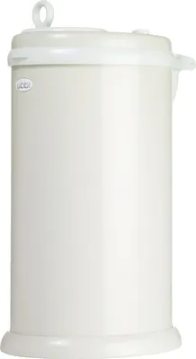 A beige diaper pail with a white lid and a white band around the top.