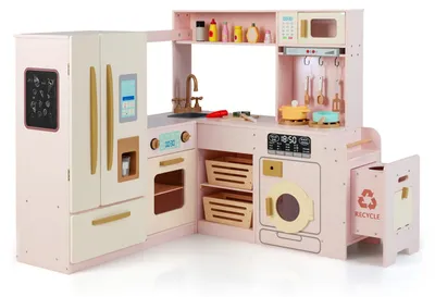 Immagine prodotto di COSTWAY Cucina per bambini con pattumiera, frigorifero a doppia porta, lavello, lavatrice, forno a microonde, 22 accessori, luci e suoni, cucina in legno per bambini dai 3 anni in su - Rosa