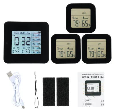 Produktbild von 13-in-1-Digital-Hygrometer, Innen-/Aussenthermometer mit 3 Fernsensoren, multifunktionale Wetteruhr, kabelloses Temperatur-/Feuchtigkeitsmessgeraet mit 60?m Reichweite