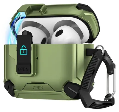 Produktbild von Hülle für Apple AirPods 5 Defender Schutzhülle mit Karabiner 360° Schutzbox Kopfhörer stoßfestes Full Body Cover Army Green