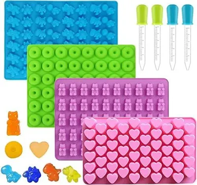 Produktbild von Gummibärchen Formen 4er-Pack Süßigkeiten-Silikonformen Eiswürfelschalen, Silikon-Süßigkeitenformen für Schokoladenformen, Gelee, mit 4 Pipetten (Zufällige Farbe)