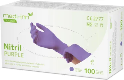 Produktbild von Medi-Inn® Classic 100 "Medi-Inn® Classic" Handschuhe, Nitril puderfrei lila "Nitril Purple" Größe L | Faltschachtel (100 Stück)