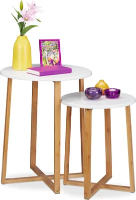 Immagine prodotto di Set di 2 tavolini Relaxdays, tavolini rotondi, altezza 48,5 e 60,5 cm, design moderno, tavolini da salotto, naturale/bianco