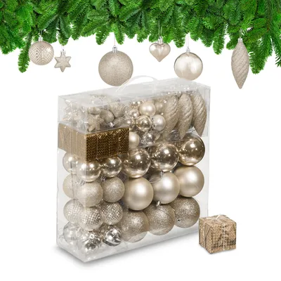 Produktbild von Relaxdays Weihnachtskugeln 110er Set, Kunststoff, Weihnachtsbaumdeko mit Kugeln & Lametta, Christbaumschmuck, champagner