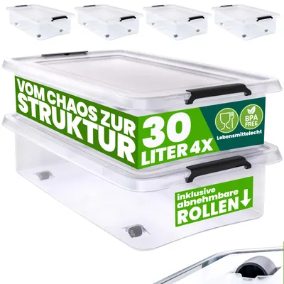 Produktbild von DEUBA® Aufbewahrungsboxen 4 x 30l mit Deckel und Rollen, stapelbar, transparent Kunststoff BPA-frei Klickverschluss, RB60 für Büro, Garage, Waschraum