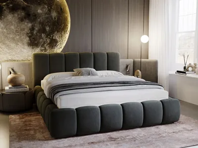 A luxurious bedroom with a large bed, a moon-themed wall art, and a window with curtains.