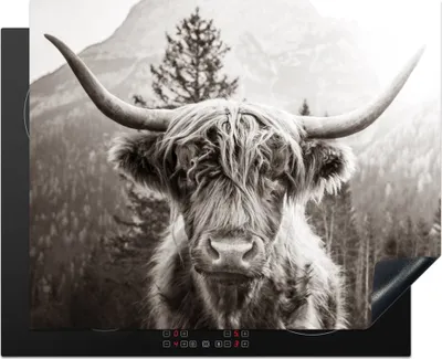 Obrázek produktu pro KitchenYeah® Krycí deska na sporák Scottish Highlander - Animals - Black - White , 65x52cm, dekorace do kuchyně, keramická krycí deska na sporák, krycí deska na varnou desku