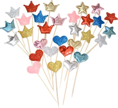 Obrázek produktu pro CANDeal 100Pcs Srdce / hvězdy / koruna Cake Topper Různé barvy Cupcake Topper Narozeninový dort Cupcake dekorace Picks Party dekorace příslušenství