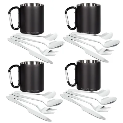 Produktbild von Edelstahl Thermobecher mit Karabiner & Camping Essbesteck Set für 1-4 Personen