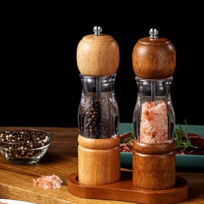 Produktbild von Salz- & Pfeffermühlen, Holz Gewürzmühle mit Keramikmahlwerk, Einstellbarer Schleifgrad, Gewürzmühlen 2er-Set, Manuelle Salzmühle, tklare Schicht