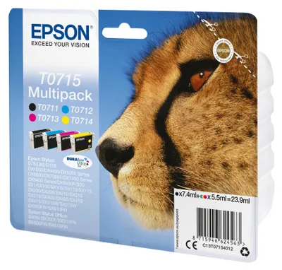 Produktbild von Epson Multipack 4-colours T0715 DURABrite Ultra Ink, Standardertrag, Schwarz, Cyan, Magenta, Gelb, 7,4 ml, 5,5 ml, 1 Stück(e), Multipack