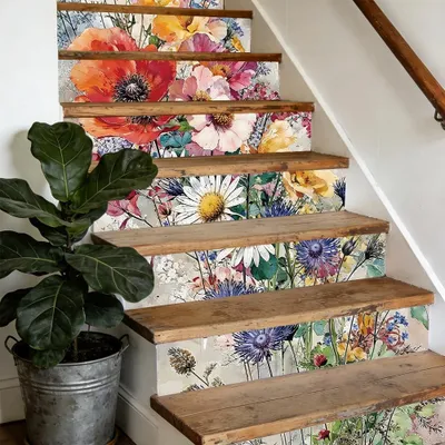 Image de Elzusha - 15 autocollants vintage pour escaliers,Reproductionés de motifs de fleurs sauvages, adaptés aux escaliers et aux murs