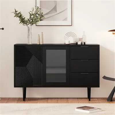 Productafbeelding van AIORBER Kommode, met metalen poten, 3 lades en 2 deuren, glazen deuren, ruime opbergruimte, geschikt voor woonkamer en slaapkamer, afmetingen 120x38x79,5 cm, zwart