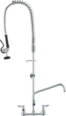 Productafbeelding van Commerciële kraan met voorspoelfunctie, 111 cm hoog, 203 mm afstand tot het midden, 305 mm draaibare uitloop, wandmontage kraan voor keukenspoelen, messing constructie met uittrekbare douche, geschikt voor spoelsystemen met 1, 2 of 3 bakken