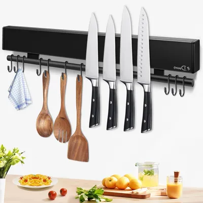 Obrázok produktu pre Magnetická lišta do kuchyne – držiak na náradie – organizácia kuchyne – s 10 háčikmi – 43 cm – čierna