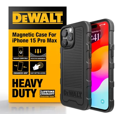 Immagine prodotto di Custodia magnetica DEWALT Heavy Duty, compatibile con MagSafe, per iPhone 15 Pro Max. Robusta, resistente agli urti, con retro protettivo e design sottile che assorbe gli shock. Colore: nero opaco