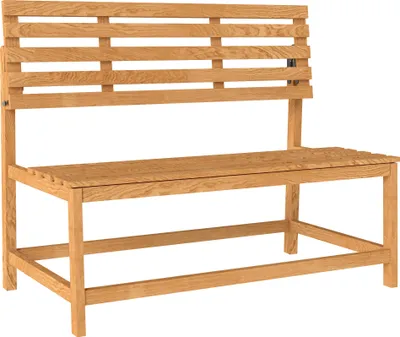 A wooden garden bench with a slatted seat and backrest, shown against a white background.