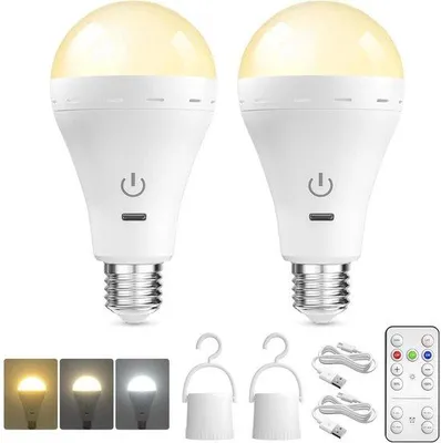 Productafbeelding van LED-lamp met afstandsbediening - E27 fitting - 3W - USB-C oplaadbaar - 3 kleurtemperatuurstanden & dimbaar - Timerfunctie - LED-lamp met batterij - Touchbediening - Hanglamp voor binnen en buiten - Wit