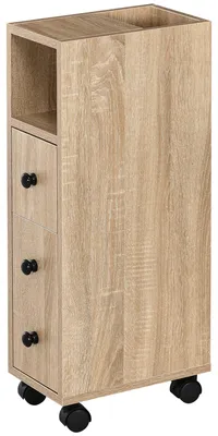 Produktbild von Badezimmerschrank auf Rollen, mit offenem Fach, Tš¹r und Schublade, 18 x 30 x 68,5 cm, Eiche
