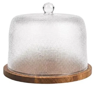 Produktbild von Glas-Stolp mit geripptem Glas und Akazienholz-Plateau, 28 cm Durchmesser