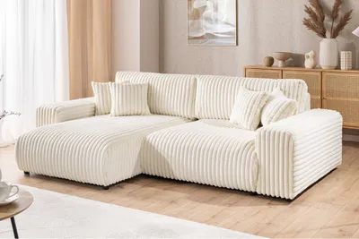 Produktbild von Mollis - Ecksofa mit Schlaffunktion und Bettkasten aus Hellbeige Plüschcord mit schöner Sitzkomfort