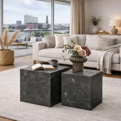 Produktbild von 2er Couchtisch-Set POSTATO 50cm | Modernes Design Marmor-Look braun