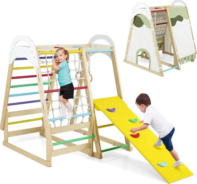 Produktbild von COSTWAY 6-in-1 Kinderspielplatz für drinnen, Holz Klettergerüst mit Rutsche, Affenstangen, Turnringen, Kletternetz, Kletterleiter&Zelt, für Kinder 1+