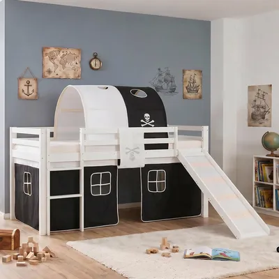 Produktbild von Homestyle4u Hochbett 90x200 mit Rausfallschutz Kinder mit Rutsche Leiter Tunnel Vorhang Pirat Schwarz Massivholz Weiß