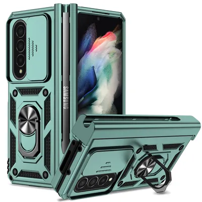 Immagine prodotto di Custodia per Samsung Galaxy Z Fold 4 5G a doppio strato con copertura scorrevole della fotocamera e supporto ad anello verde