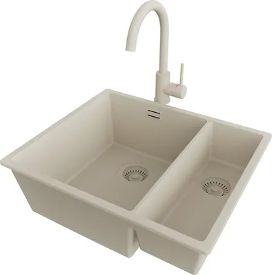 Produktbild von PRIMAGRAN Granitspüle Beige 56x47cm, Spülbecken 1,5 Becken + Küchenarmatur 32x20cm + Ablauf-Set, Küchenspüle ab 60er Unterschrank - London Slim Duo