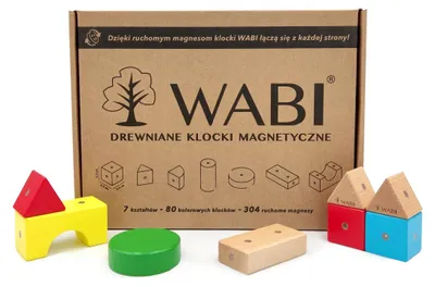 Produktbild von WABI Magnet-Bausteine 80er Set – Holzbaukasten mit Dynamic Magnet® (304 drehbare Neodym-Magnete), 7 Formen, 5 Farben, ab 3 Jahren, CE & EN71