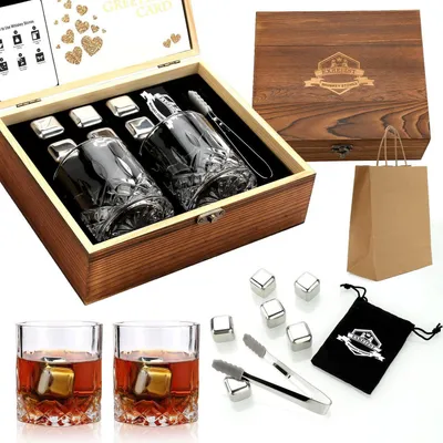Produktbild von Whisky Geschenkset mit 6 Edelstahl Eiswürfeln, 2 Gläsern & Holzbox