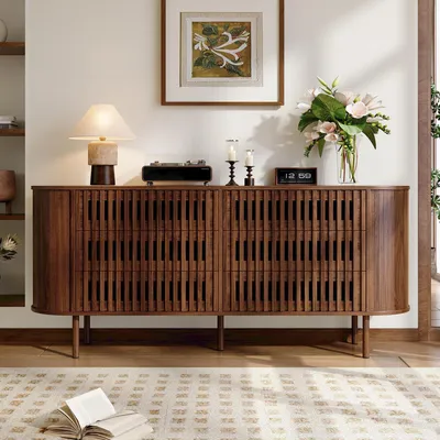 Produktbild von Merax Sideboard mit 6 Schubladen, Kommode Lamellen Design aus MDF, Schubladenschrank mit Metallbeine 70kg, mit Abgerundete Ecken, Stauraum, Walnuss