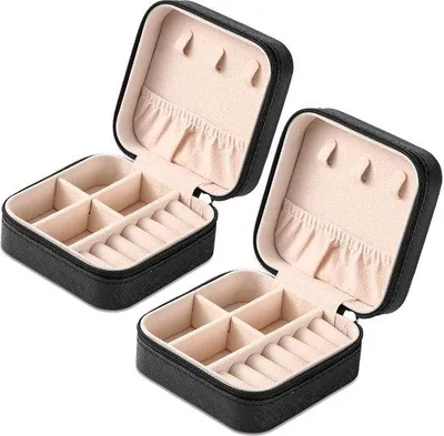 Produktbild von 2 Stücke - Reise-Schmuck-Organizer - kleiner - lederner Organizer - tragbar - Schmuck-Box - Reise-Schmuck-Organizer - Leder-Schmuck- und Ring-Organizer - Aufbewahrungsbox - Geschenkbox - für Mädchen und Frauen - schwarz - 10*10*5 cm