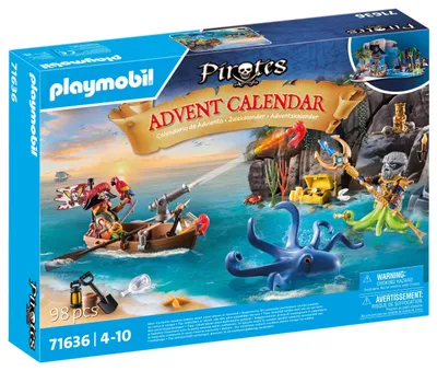 The image shows the front of a Playmobil Pirates Advent Calendar box, depicting a pirate scene with a boat, octopus, and treasure.
