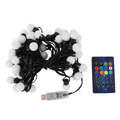 Imagen del producto de Guirnalda de luces LED RGB de 33 pies (aproximadamente 10 metros) con 50 bombillas, controlada mediante aplicación Bluetooth, alimentada por USB e incluye un mando a distancia, ideal para patios