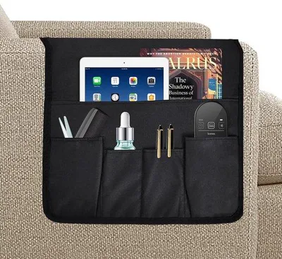 Productafbeelding van Unyqoos® Armleuningorganizer voor bank en fauteuil – 5 vakken, antislip, zwart, 89 x 33 cm, katoen/linnen