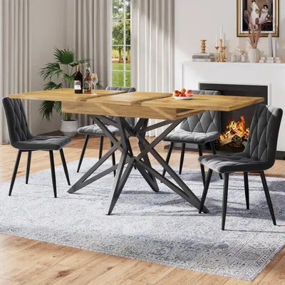 Produktbild von Esstisch-Set (120/160 × 68 cm Esstisch mit 4 Stühlen), ausziehbarer Esstisch, modernes Küchen-Esstisch-Set, Esszimmerstühle, dunkelgraue Küchenstühle aus diagonal gemustertem Samt, schwarze Tischbeine