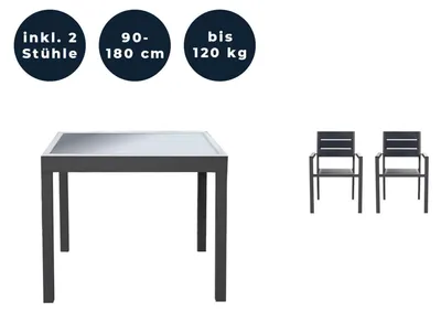 Produktbild von HOME DELUXE - Gartentisch ausziehbar - VERANO - ca. 90 (180) x 90 x 75 cm - inkl. 2 Stühlen, Gestell Aluminium, Tischplatte Glas,inkl. Zubehör I Gartenmöbel Ausziehtisch Balkonset