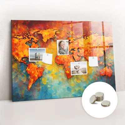 Obrázek produktu pro Magnetická Tabule na Zeď Skleněná - Memo Board Kleněnou Přední Stranou - 5 magnetů v balení - 100x70 cm - Dekorativní mapa světa