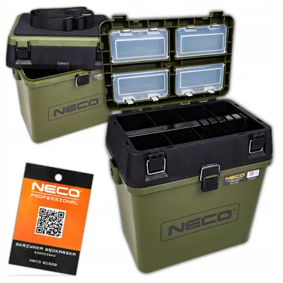 A fishing tackle box with multiple compartments and a shoulder strap, shown from a slightly elevated angle. A tag with a QR code is placed in the foreground.
