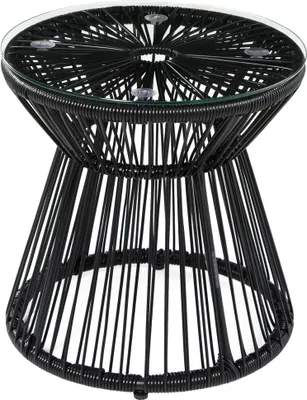 A black rattan side table with a glass top, shown against a white background.