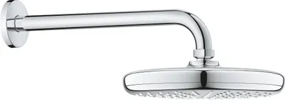 A chrome shower head and arm mounted on a wall.