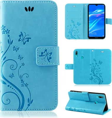 Collage of images showing a blue flip phone case with a floral and butterfly design, including views of the case open and closed, and with a phone inserted.