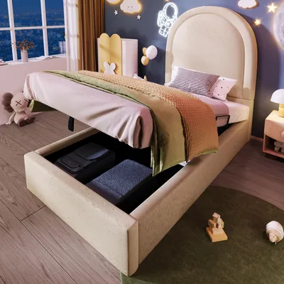 A child's bedroom with a bed that has storage underneath, decorated with space-themed elements.